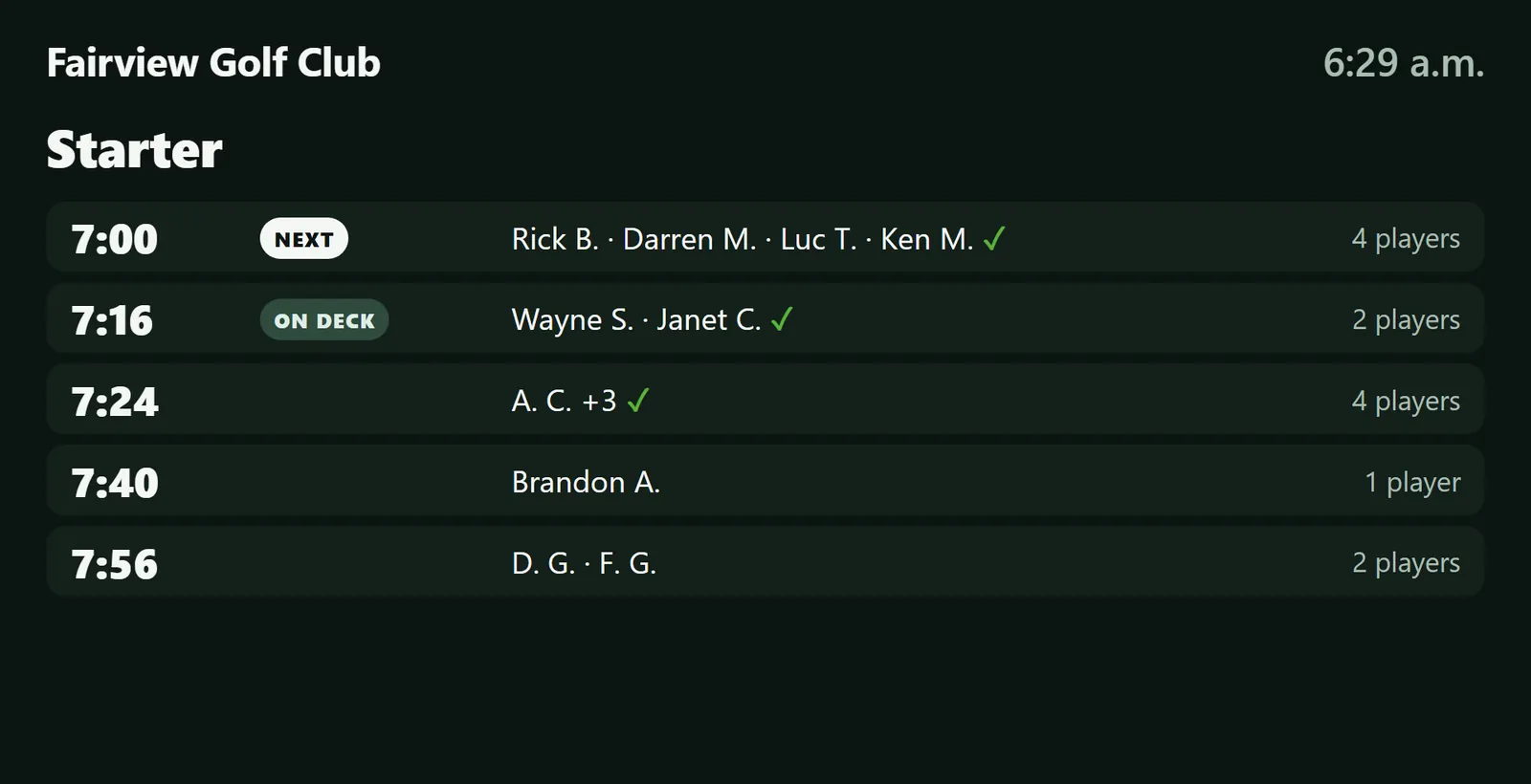 The starter list on the clubhouse TV: next, on deck, and checked-in groups