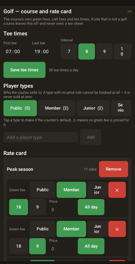 The course and rate card screen: first tee 07:00, last tee 19:00, an interval of eight minutes selected from seven, eight, nine and ten, four player types, and a Peak season rate card of eleven rules
