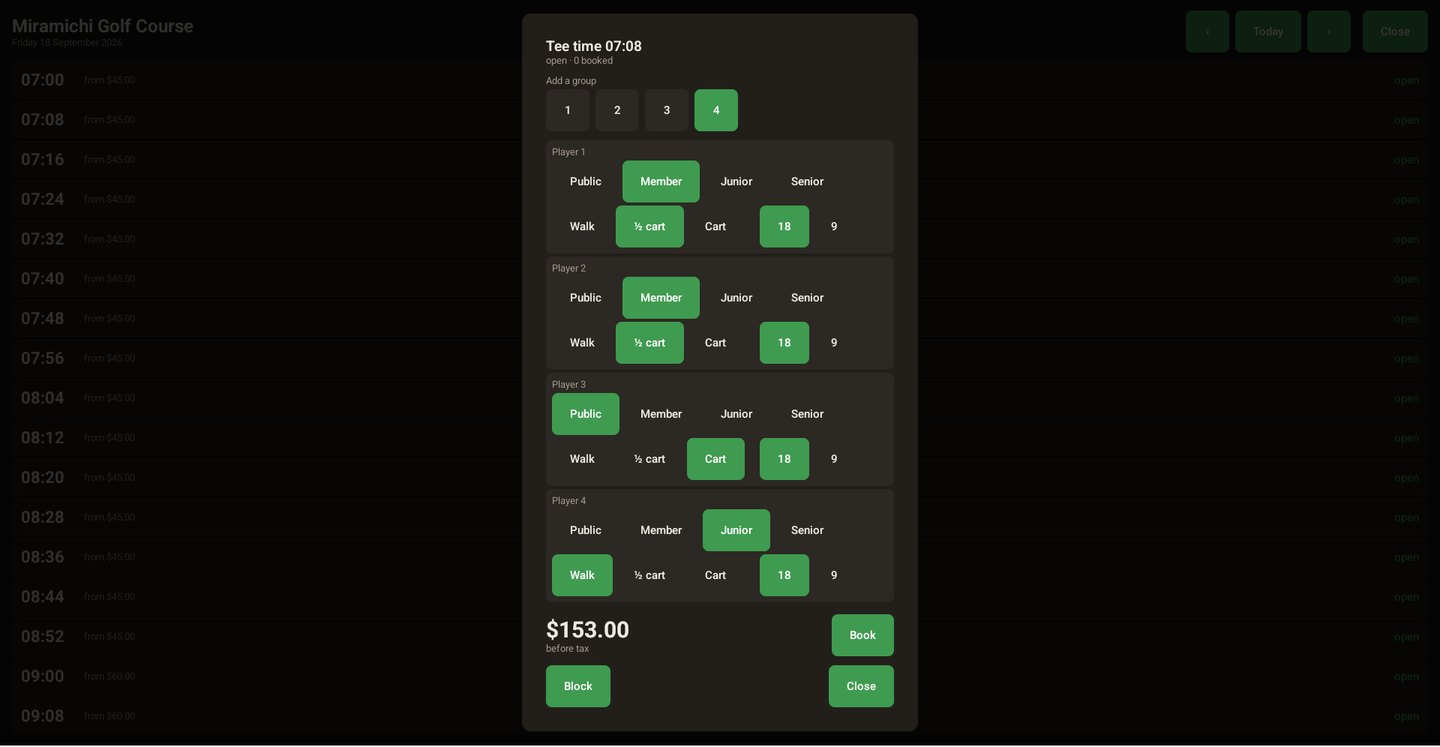 Building a mixed foursome with live pricing totalling $153.00