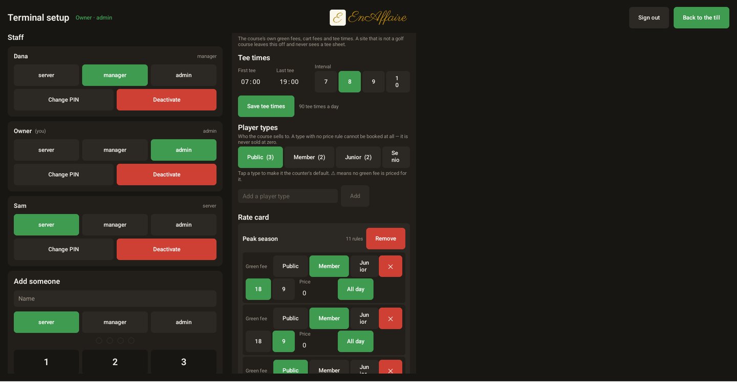 The rate card editor showing tee times, player types and editable price rules